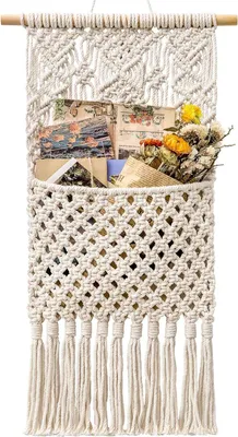 Produktbild von Unyqoos® Macramé Wandtasche – Wand-Zeitschriften- & Posthalter aus Baumwollgewebe, Elfenbein, 33 cm x 63 cm, hängende Aufbewahrung & Boho-Wanddeko