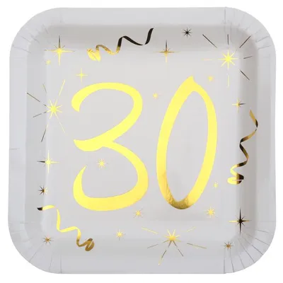 Produktbild von 10 Papp-Teller Geburtstag 30 weiß-gold