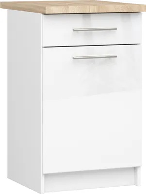 Produktbild von Küchenschrank AKORD LIMA modular S50 Unterschrank mit Arbeitsplatte Weiß 50 cm Tür Schublade 2 Ebenen Front Weiß Hochglanz B50 x H85 x T46 cm