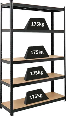 Produktbild von Schwerlastregal Ragnar | HxBxT 180x120x40cm | 5 MDF-Platten-Ebenen | Fachlast 175kg | Schwarz