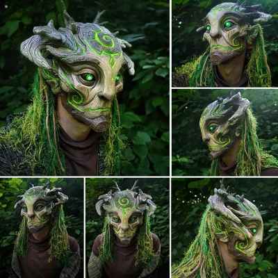 Produktbild von Full Head Masque dehnbare realistische Halloween liefert lustige Karneval Latex Green Forest Elf Old Man Masque mit Licht für Cosplay
