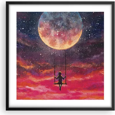 Produktbild von Gerahmtes Poster - Schwarzer Rahmen - Mond Schaukel Frau - 50x50 cm - Wand Bild - Wanddeko - Wandbilder - Kunstposter - Wandposter - Bilderrahmen - Bilder - Kunstdruck - P2BAC50x50-5095