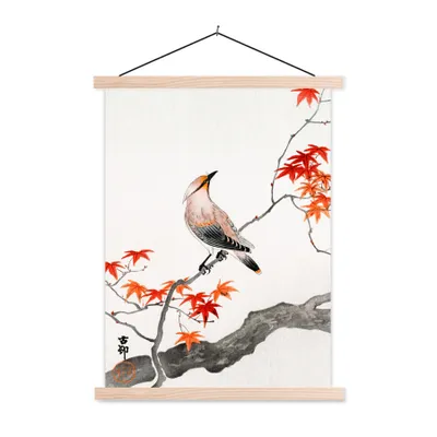 Produktbild von MuchoWow® Textilposter Japanischer Ahorn - Vogel - Baum - Vintage 40x53 cm mit holzfarbenen Rahmen - Schlafzimmer