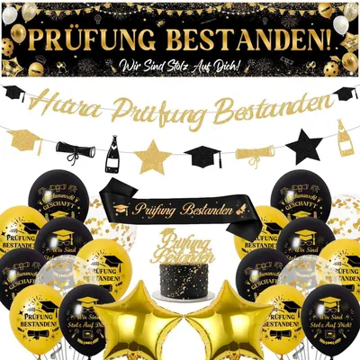 Productafbeelding van Afstudeerdecoratieset: ballonnen, banner, guirlande, lint, taartdecoratie, zwart en goud