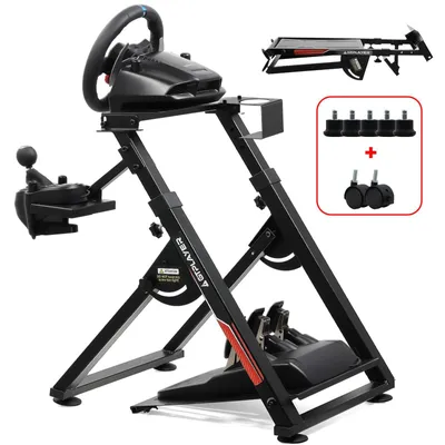 A gaming steering wheel stand with a steering wheel, shifter, and pedals attached.