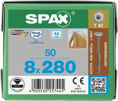 Immagine prodotto di SPAX® 0257000802805 SPAX® Holzbauschrauben T40 Tellerkopf Edelstahl A2 0257000802805 8 mm x 280 mm, 50 St.