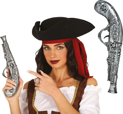 Image de Aventure Pirate Pistolet Carnaval Accessoire Costume Fantaisie Argent 30 cm, Couleur : Argent