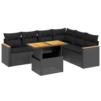 Produktbild von Modulares Garten-Sofa-Set, 7-teilig, mit verstellbarem Tisch, Poly Rattan Schwarz, UV-beständig, abnehmbare Kissenbezüge