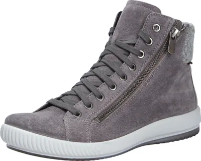 A single gray high-top sneaker is shown against a white background.