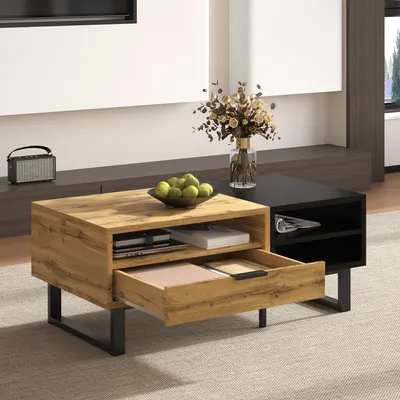 A modern living room with a coffee table and a TV stand.