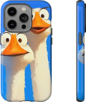 Produktbild von Zwei lustige Gänse mit großen Augen auf blauem Hintergrund – Hülle Kompatibel mit iPhone 14 Pro