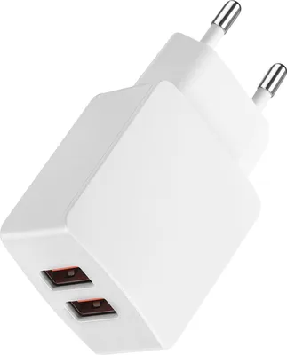 A white dual USB charger with European-style prongs.