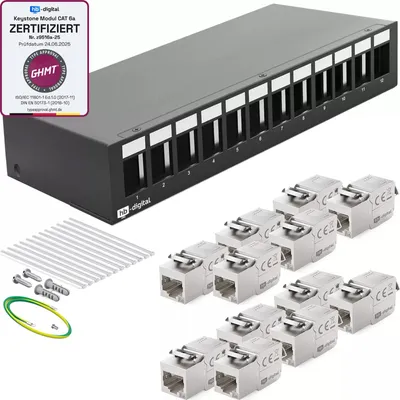 Produktbild von hb-digital Patch Panel 12 Port mit 12 x Keystone Module Cat 6a schwarz