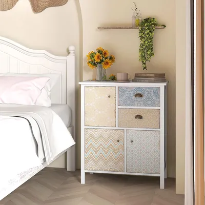 Produktbild von Kommode Shabby Chic, Schubladenschrank Vintage, MDF Kiefernholz, Weiß | 68x34x80 cm | 2 Schubladen, 3 Fächer | bis 25 kg