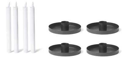 Produktbild von Novaliv 4x Kerzenhalter 9cm Metall Stabkerzenhalter SCHWARZ Kerzenteller mit Stabkerzen LED Premium Echtwachskerze Flackereffekt flammenlos Kerzenständer Kerzenpin Stabkerzen Tafelkerzen