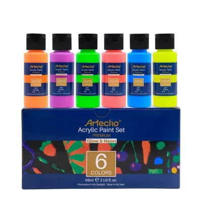 Produktbild von Artecho Acrylfarben Set Neon & Glow in the Dark – 6 x 59 ml Flaschen – Leuchtende Neonfarben unter Schwarzlicht & dezenter Glow-Effekt