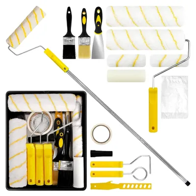 Produktbild von 18-teiliges Farbroller-Set mit Teleskopstange, Malerwerkzeug für Wände und Decken, Lackierwalzen und Malerzubehör, komplettes Malerset für Innen- und Außenanstriche