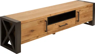 A wooden TV stand with dark metal accents, shown from a slight angle against a white background.