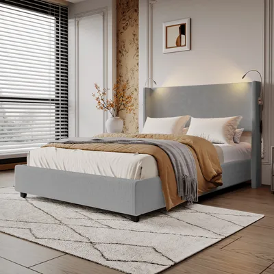 Image de UnboxG lit rembourré 140x200cm avec sommier à lattes, lit boxspring avec liseuse, lit double fonctionnel à ranger, gris