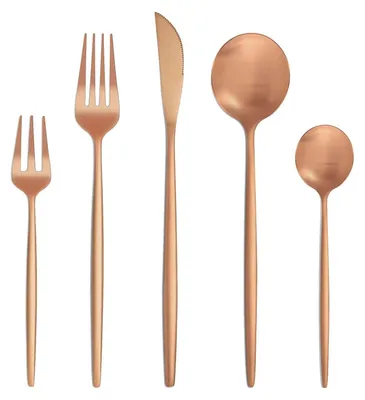 A set of rose gold cutlery arranged on a white background.