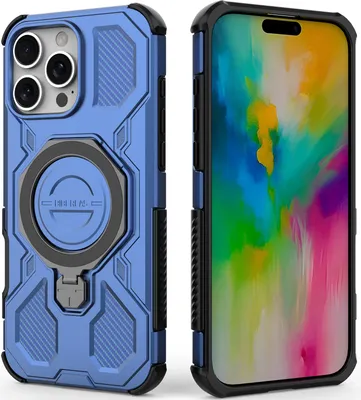 Immagine prodotto di Cover resistente per iPhone 16 Pro Max, custodia robusta con supporto ad anello, supporto magnetico e supporto Blu