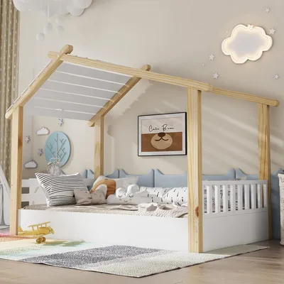 A child's bedroom with a house-shaped bed.