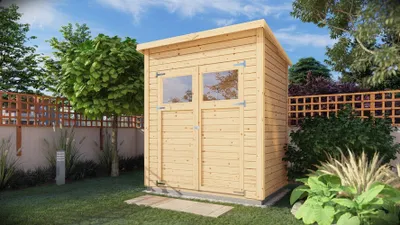 A wooden garden shed with double doors and windows, set in a grassy backyard with trees and a fence.