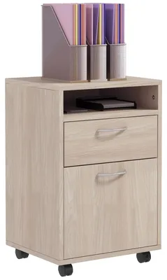 Image de Meuble de rangement sur roulettes pour bureau - Armoire de classement avec tiroir, étagère et porte - Sur roulettes - En bois - 40x35x60 cm - Couleur : marron clair