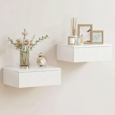 Produktbild von Set aus 2 wandmontierten Nachttischen mit Schubladen, aus wei?er Spanplatte, fš¹r das Schlafzimmer