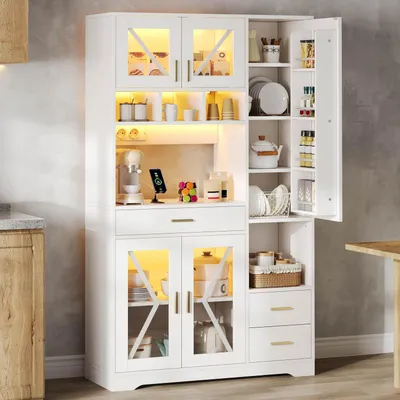 Immagine prodotto di Armadio alto da cucina con illuminazione a LED e prese, mobile contenitore con porta in vetro, stile rustico, 185x40x105 cm, bianco