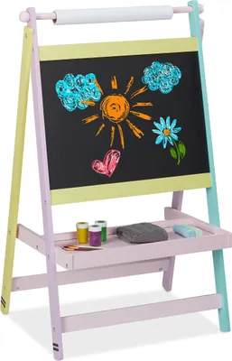 Immagine prodotto di Lavagna per bambini Relaxdays, 2 in 1, con rotolo di carta, per colorare e disegnare, lavagna a gesso per bambini, autoportante, L x P x A: 90x56x42 cm, colorata