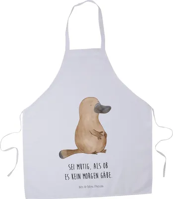 Produktbild von Mr. & Mrs. Panda Kochschürze Schnabeltier Mut - Weiß - Geschenk, Meer, Büro, Schürze, Küchenzubehör, Küchenschürze, Bäckerschürze, Arbeit, Raodtrip, Grillschürze