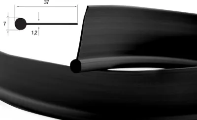 A close-up view of a black rubber profile with a diagram showing its dimensions.