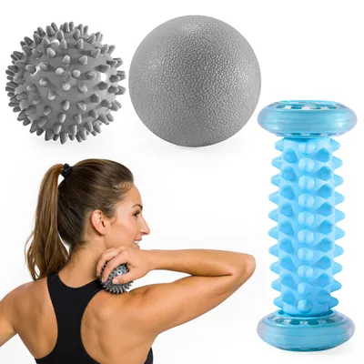 Zdjęcie produktu dla HyperMotion zestaw do masażu z piłkami i rollerem do stóp, 3 elementy do automasażu karku, pleców i nóg, z woreczkiem, 0,49 kg