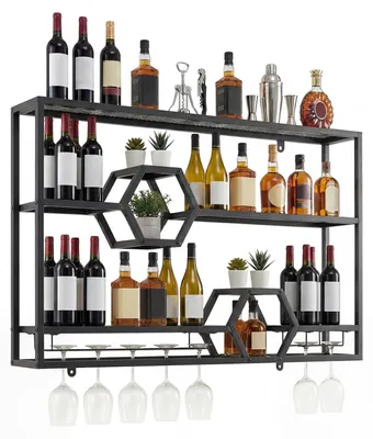 Produktbild von COSTWAY 3 stöckiges Weinregal Wand hängend, Flaschenregal mit Glashalter & Ablage, Bar Regal Metall, Weinhalter Weinflaschenhalter modern, Schwarz