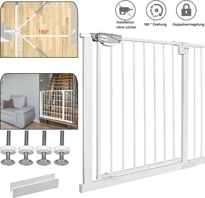 Obrázek produktu pro Schodišťová branka XINZI, kovová branka s dvojitým zámkem, bílá, 85-95 cm, svěrná branka | 90° doraz | automatické zavírání