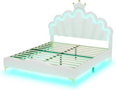 Zdjęcie produktu dla 140 x 200 cm Płaskie łóżko podwójne, łóżko księżniczki w kształcie korony, regulowana listwa oświetleniowa LED, biała