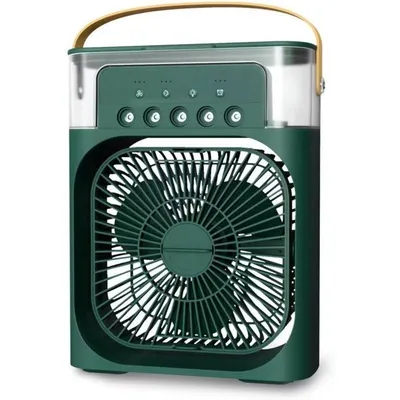 Productafbeelding van Draagbare airconditioner met ventilator, luchtbevochtiger, USB-aansluiting, 7 LED-lampjes, 3 standen, stille werking. Compact voor thuis, op kantoor en onderweg (groen)