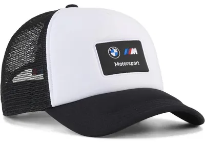 Image de Casquette BMW M Motorsport Trucker Puma 2026, produit officiel pour fans, casquette blanche avec logo BMW M Motorsport et logo PUMA CAT, réglable, 100 % polyuréthane