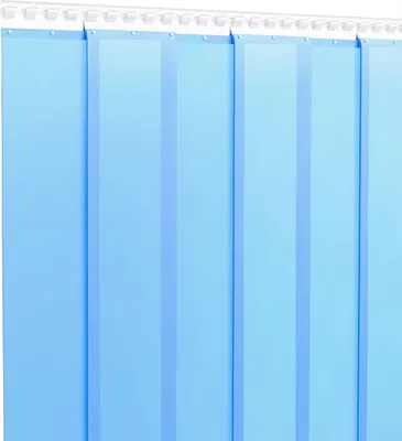 A close-up view of blue plastic strip curtains hanging from a white track.