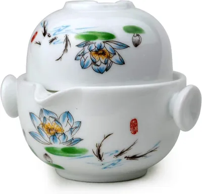 Produktbild von Praktisches Teeservice aus Porzellan, weiße Teekanne und Tasse, glasiert, für Reisen