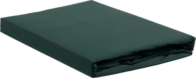 A dark green fitted sheet folded and lying on a white background.