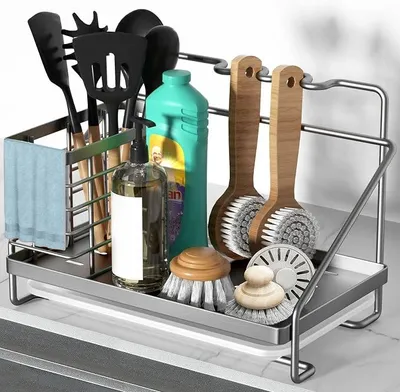 Produktbild von PolkaHome® Spülen-Organizer aus Edelstahl, Abtropfgestell mit Besteckhalter und herausnehmbarer Ablaufschale, Rostfreie und rutschfeste