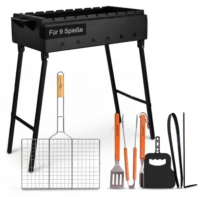 Produktbild von Mangal Stahl 2 mm 60 cm für 9 Spieße Grillrost mit Holzgriff, Grillbesteck, Grillfächer, Holzkohlegrill BBQ für Spieße oder Grillrost Schaschlik Shashlychnik Grill