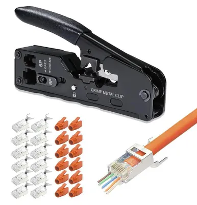 Obrázok produktu pre Nástroj na inštaláciu sieťových káblov RJ45 – krimpovacia kliešť – na konektory RJ45 – pre káble Cat7/Cat6A Ethernet – konektory s priechodkou