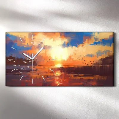Produktbild von Leinwand Uhr Küche Wohnzimmer Bild 60x30 Gemälde mit Sonnenuntergang am See - weiße Hände