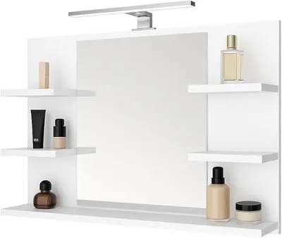Produktbild von Badspiegel mit 5 Ablagen Badezimmerspiegel Spiegel Regal Wandspiegel Hängespiegel Badmöbel Spiegel Flurspiegel für Schlafzimmer für Badezimmer Weiß 80X50 LED Lampe