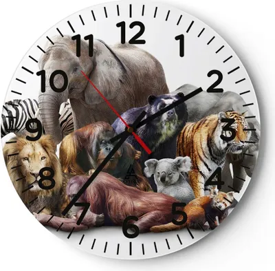 Produktbild von Wanduhr - Rund - Glasuhr - Tiere Koala Löwe Affe - 40x40cm - Schleichendes Uhrwerk - Lautlos - zum Aufhängen bereit - Dekoration Modern - Wanddekoration aus Glas - C4AR40x40-3166