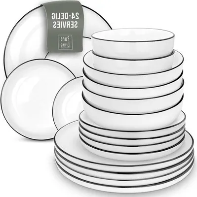 Obrázok produktu pre Súprava riadu pre 12 osôb - Škandinávsky štýl - Vysokokvalitný biely porcelán - Vhodné do umývačky riadu a mikrovlnnej rúry - Riad s miskami a taniermi - Štýlový príbor Súprava riadu pre 12 osôb