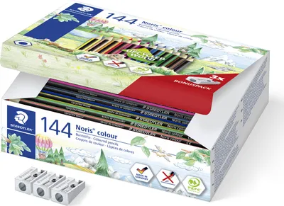A box of Staedtler Noris Colour colored pencils with three sharpeners.